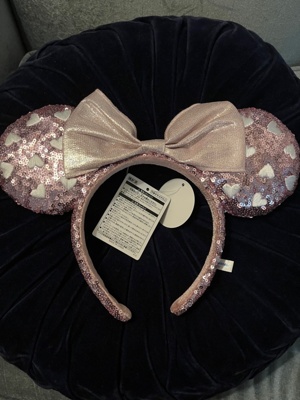 Tokyo Disney Sequin Heart Minnie Ears Headband Pink Sequins with Shimmer Bow